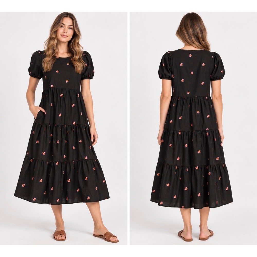 NWOT Madewell Cattail Tiered Midi Dress Amie Floral Black Embroidered Cotton M